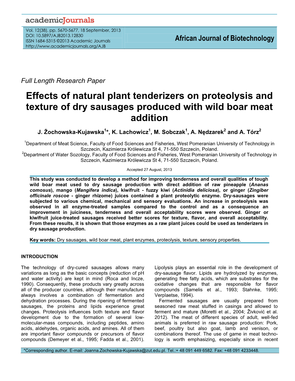 Effects of Natural Plant Tenderizers on Proteolysis and Texture of Dry Sausages Produced with Wild Boar Meat Addition
