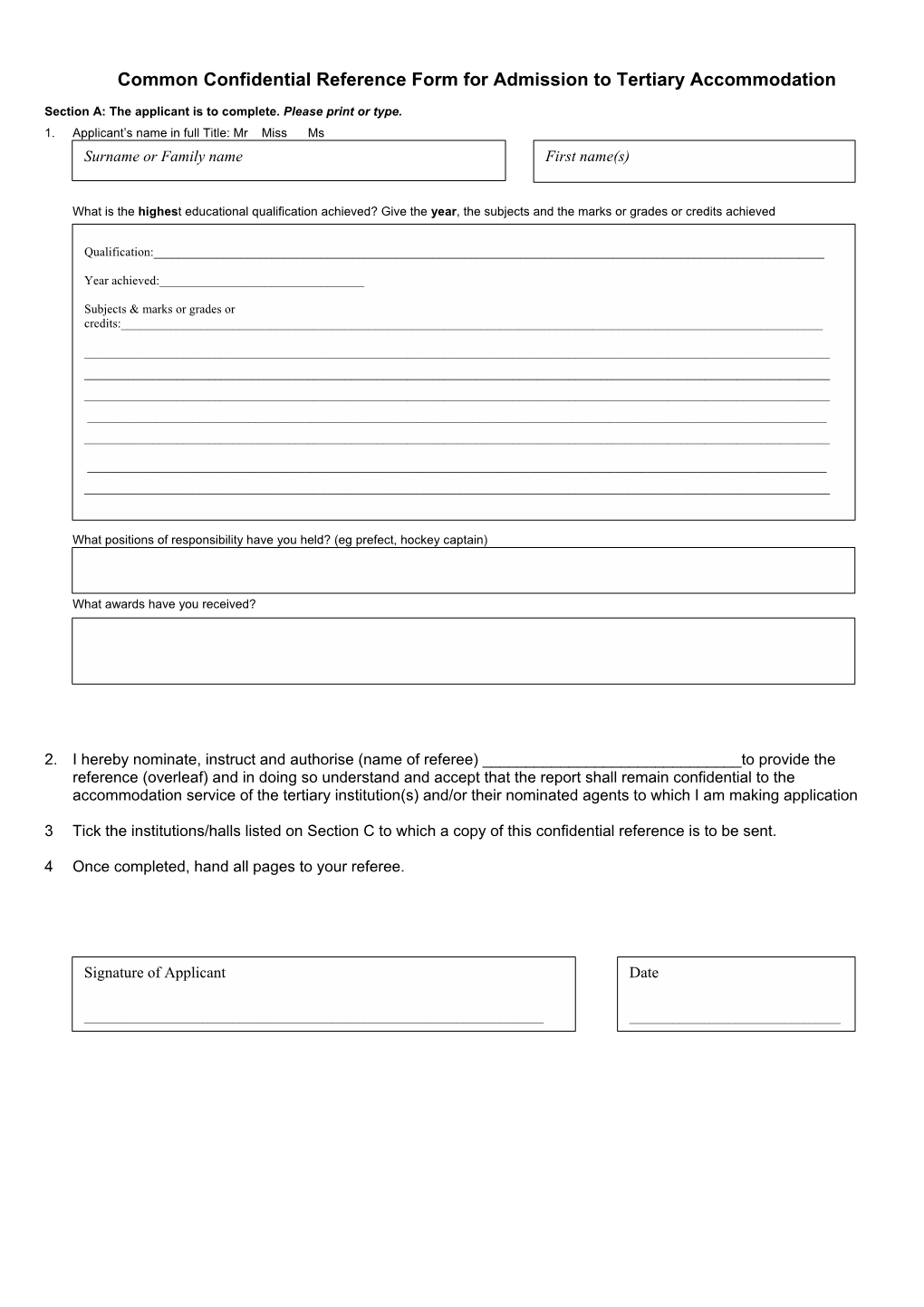 Common Confidential Reference Form for Admission to Tertiary Accommodation