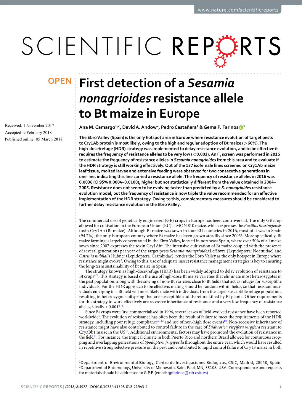 First Detection of a Sesamia Nonagrioides Resistance Allele to Bt Maize in Europe Received: 1 November 2017 Ana M