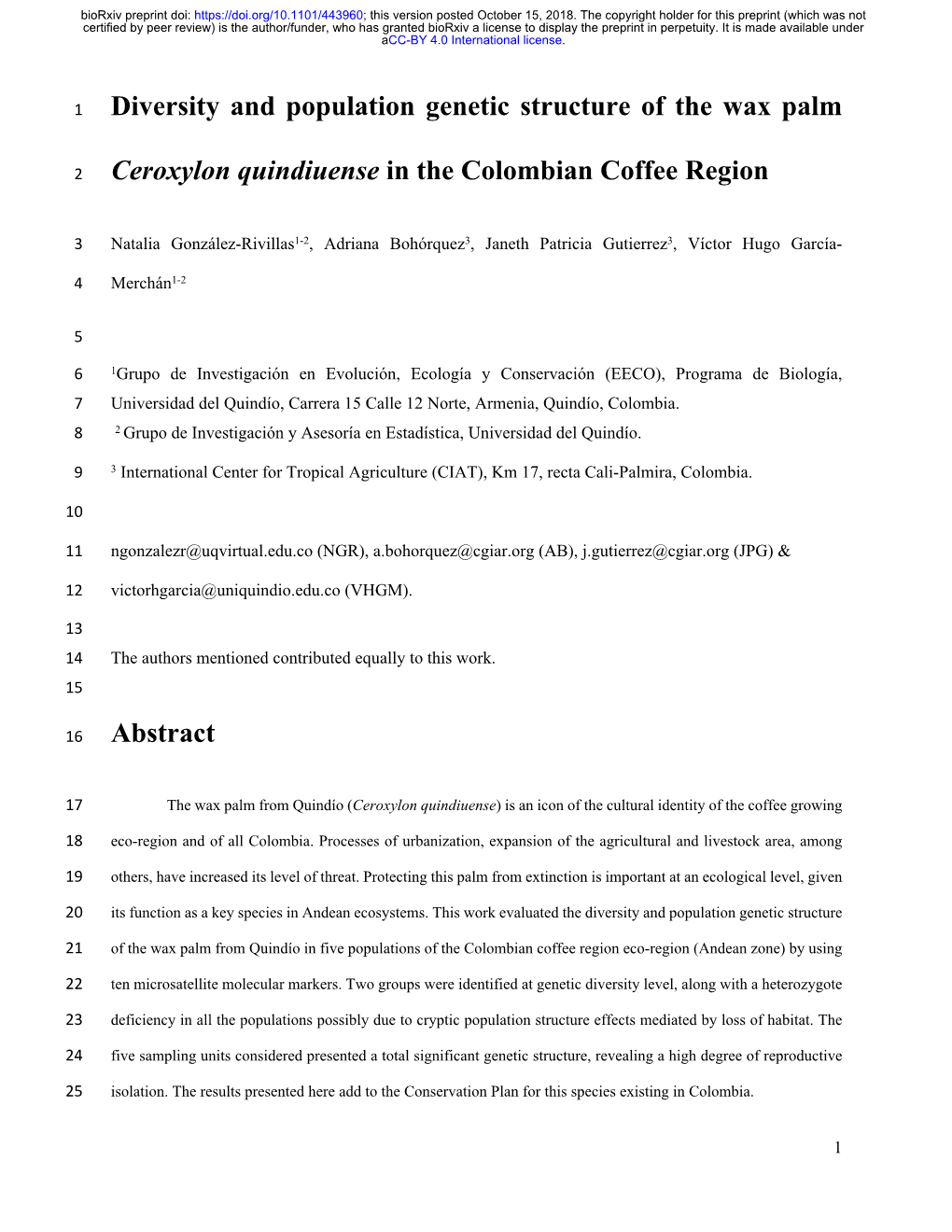 Diversity and Population Genetic Structure of the Wax Palm Ceroxylon