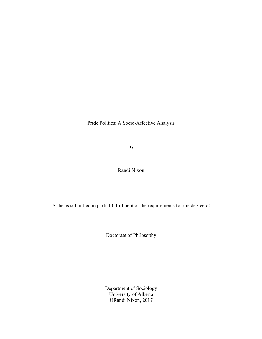 Pride Politics: a Socio-Affective Analysis by Randi Nixon a Thesis Submitted in Partial Fulfillment of the Requirements For
