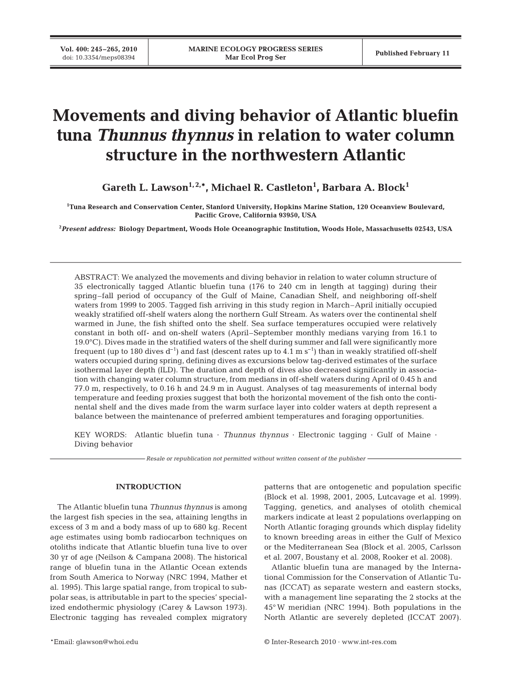 Movements and Diving Behavior of Atlantic Bluefin Tuna Thunnus Thynnus in Relation to Water Column Structure in the Northwestern Atlantic