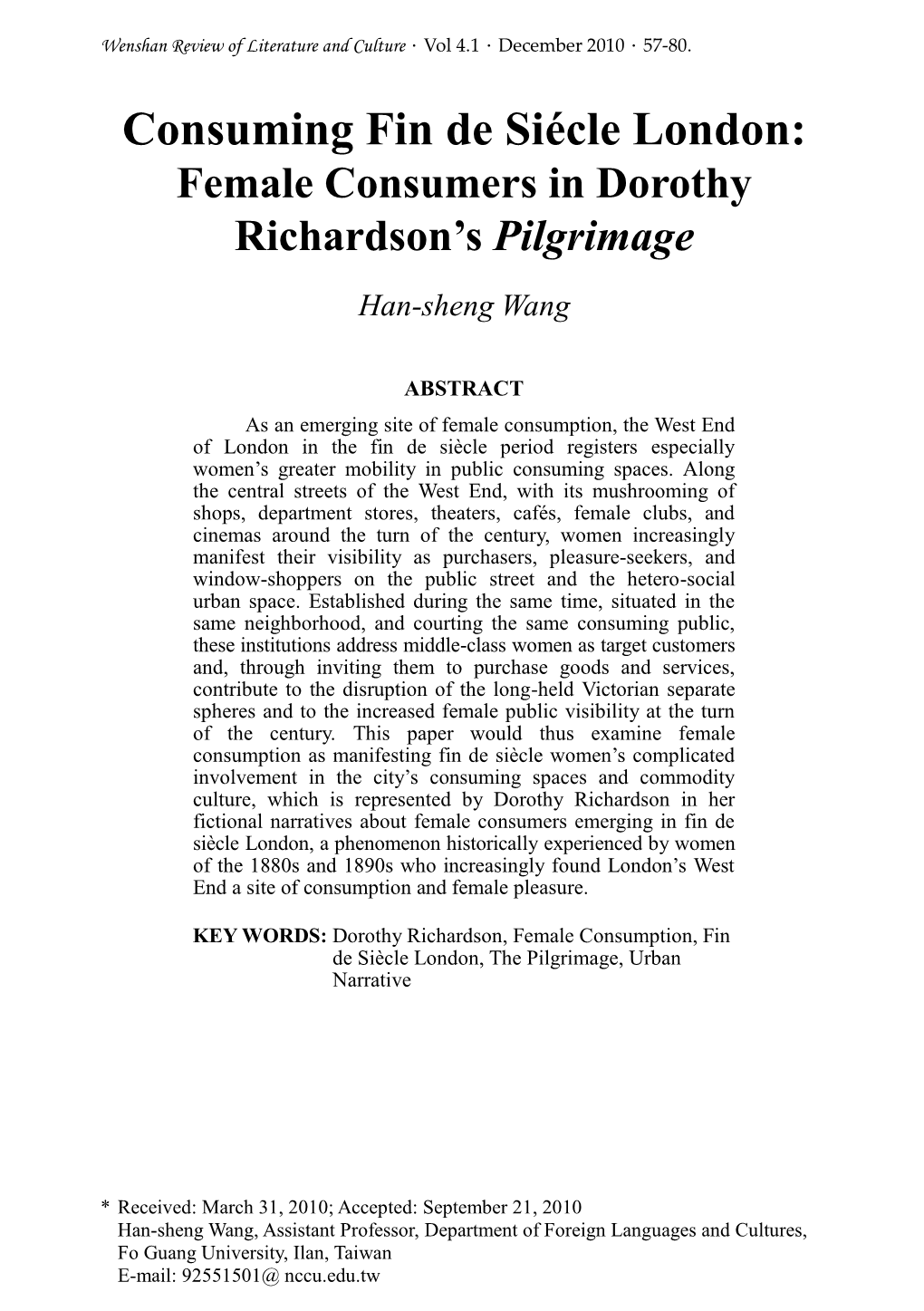 Consuming Fin De Siécle London: Female Consumers in Dorothy Richardson’S Pilgrimage