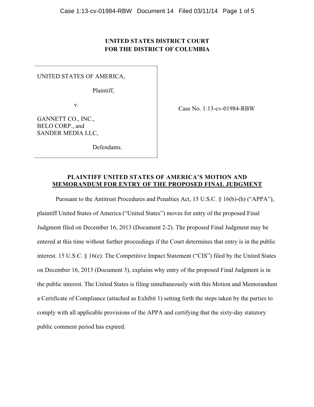 Plaintiff United States of America's Motion and Memorandum for Entry