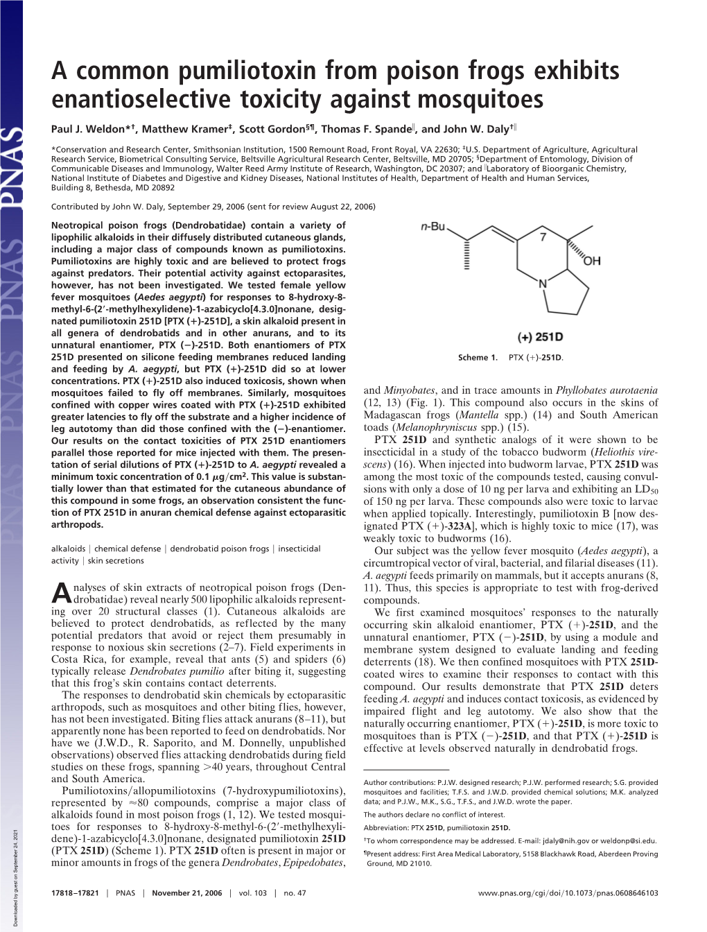 A Common Pumiliotoxin from Poison Frogs Exhibits Enantioselective Toxicity Against Mosquitoes