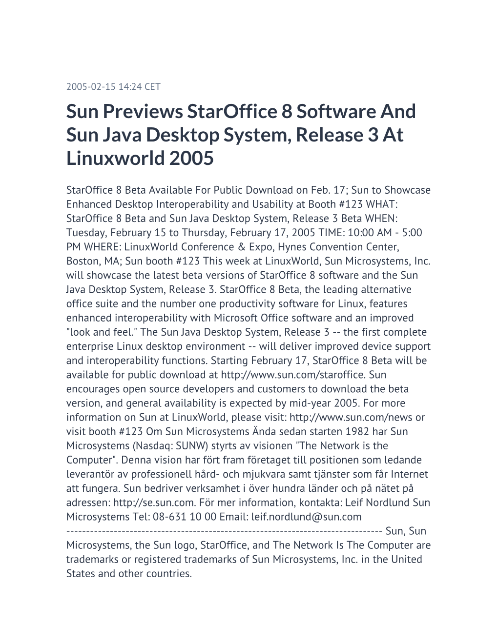 Sun Previews Staroffice 8 Software and Sun Java Desktop System, Release 3 at Linuxworld 2005