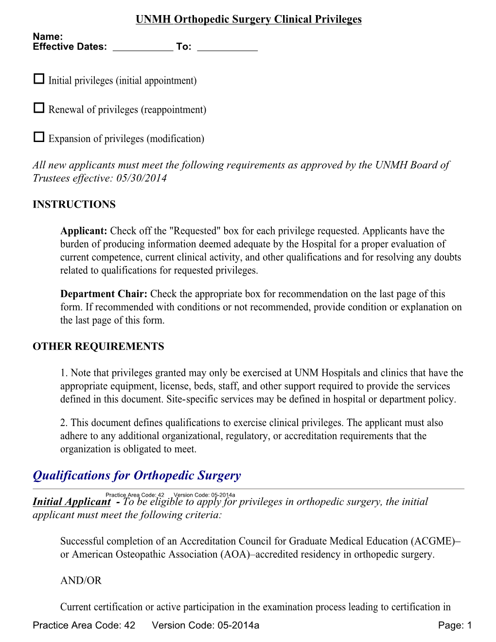 UNMH Orthopedic Surgery Clinical Privileges