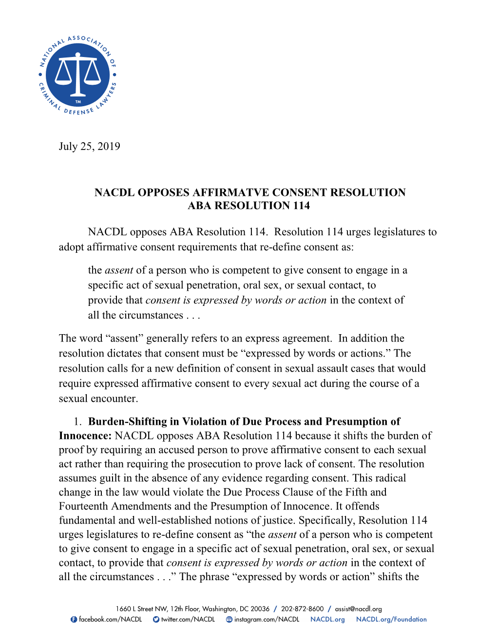 July 25, 2019 NACDL OPPOSES AFFIRMATVE CONSENT