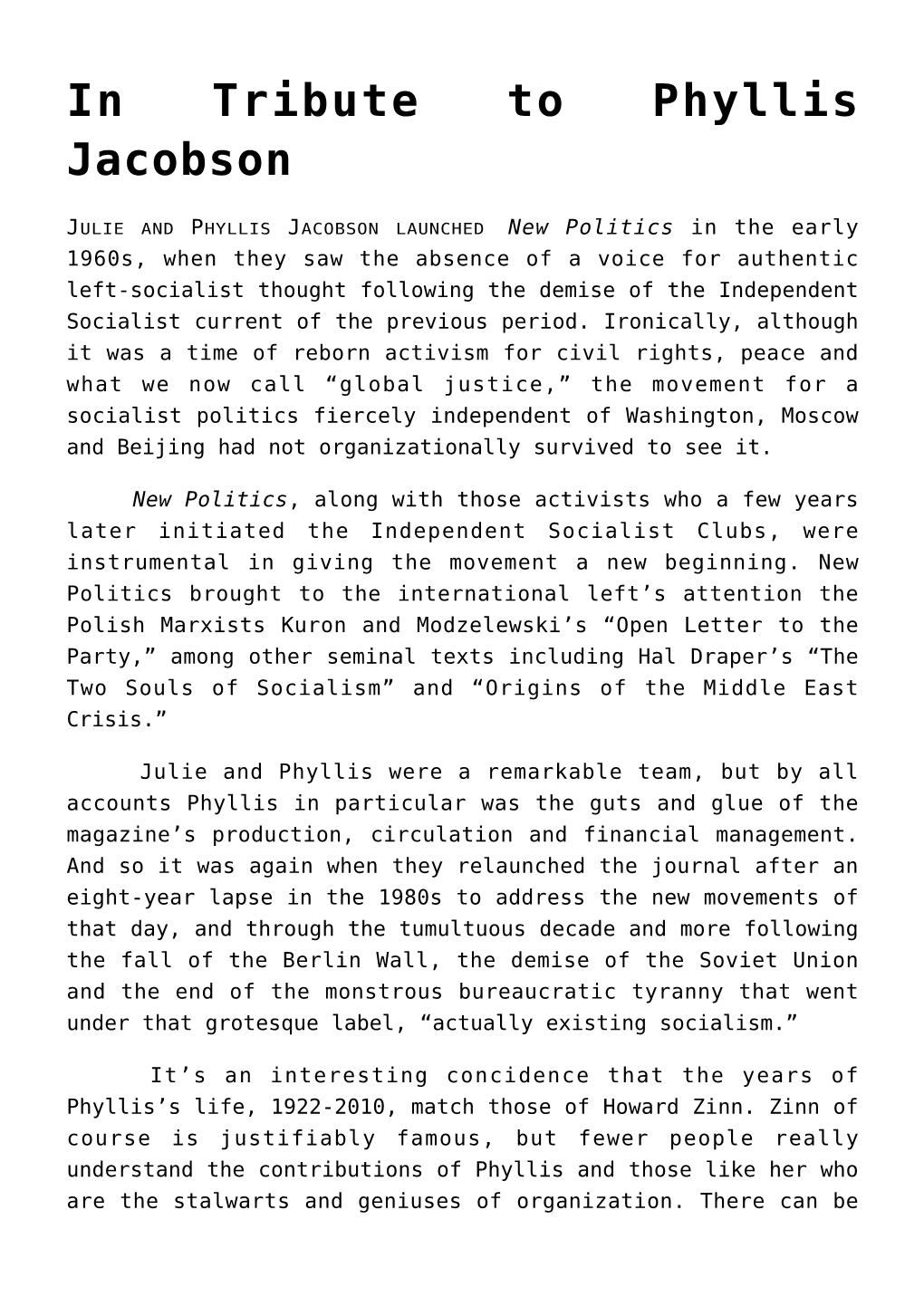 In Tribute to Phyllis Jacobson