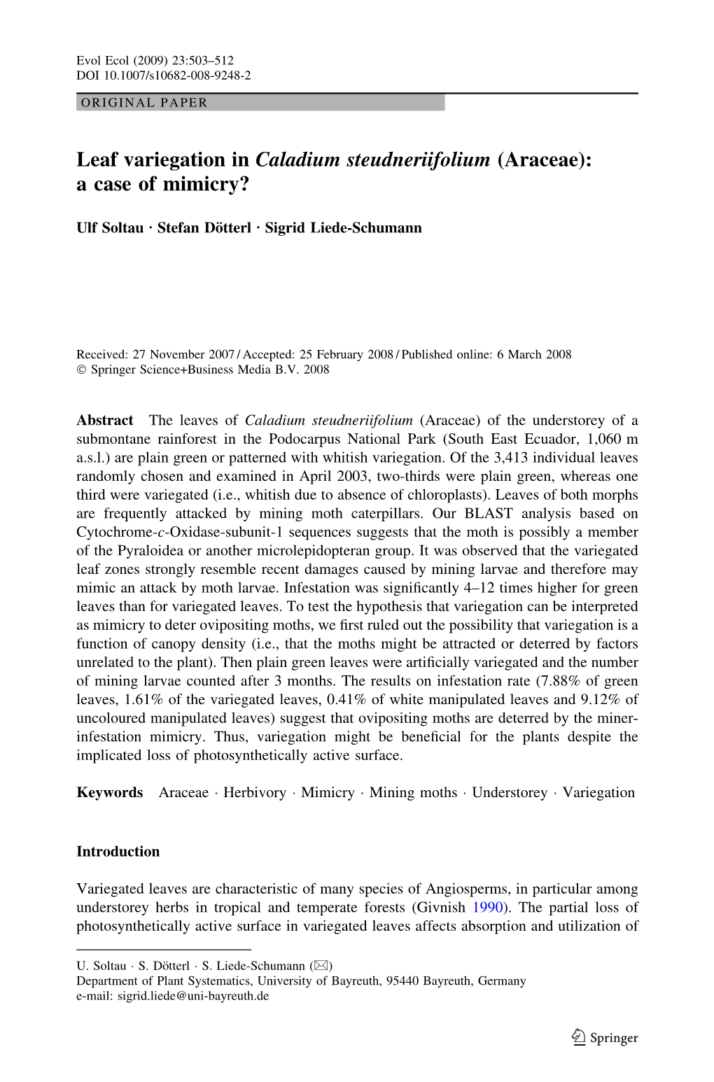 Leaf Variegation in Caladium Steudneriifolium (Araceae): a Case of Mimicry?