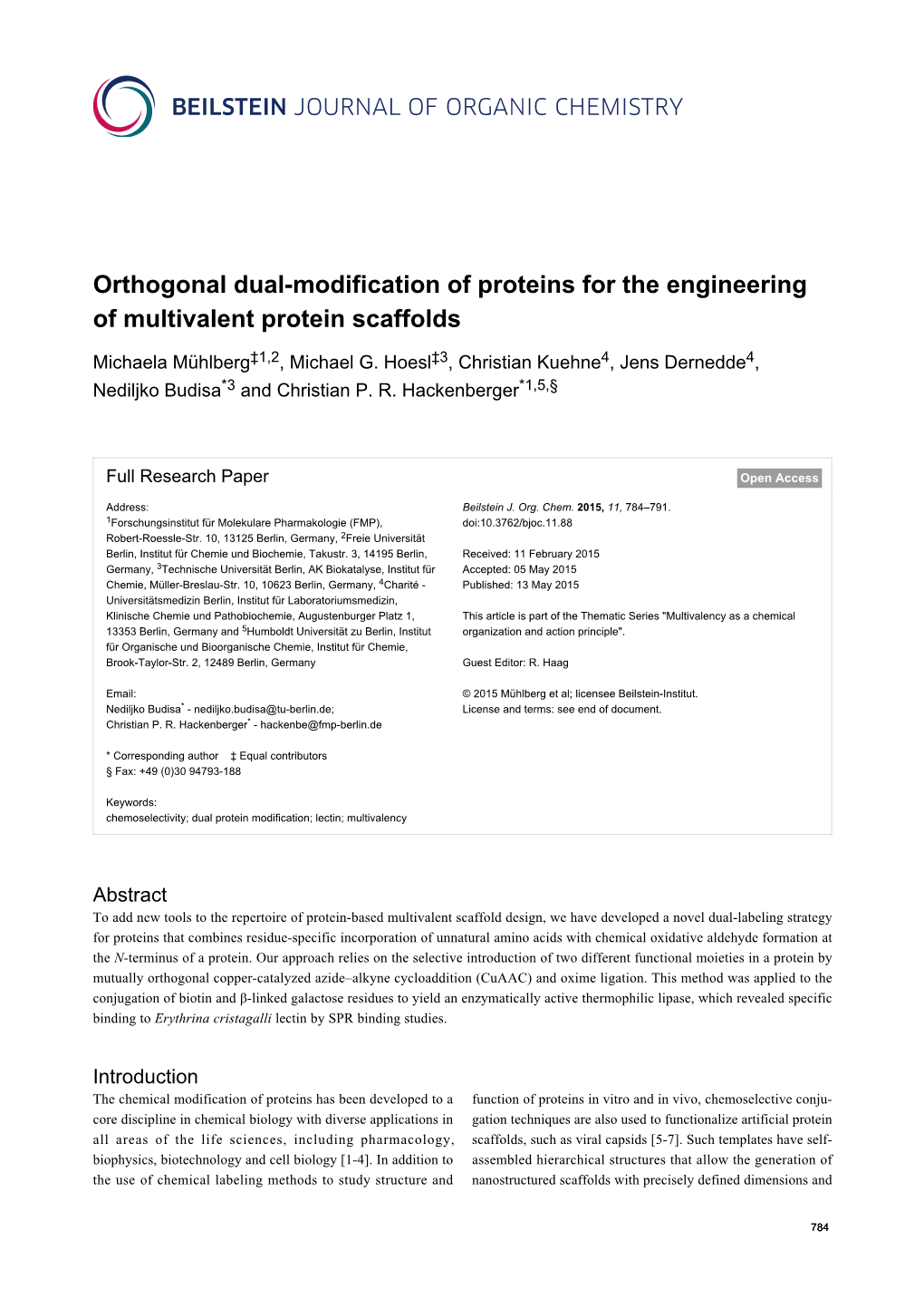 Orthogonal Dual-Modification of Proteins for the Engineering of Multivalent Protein Scaffolds