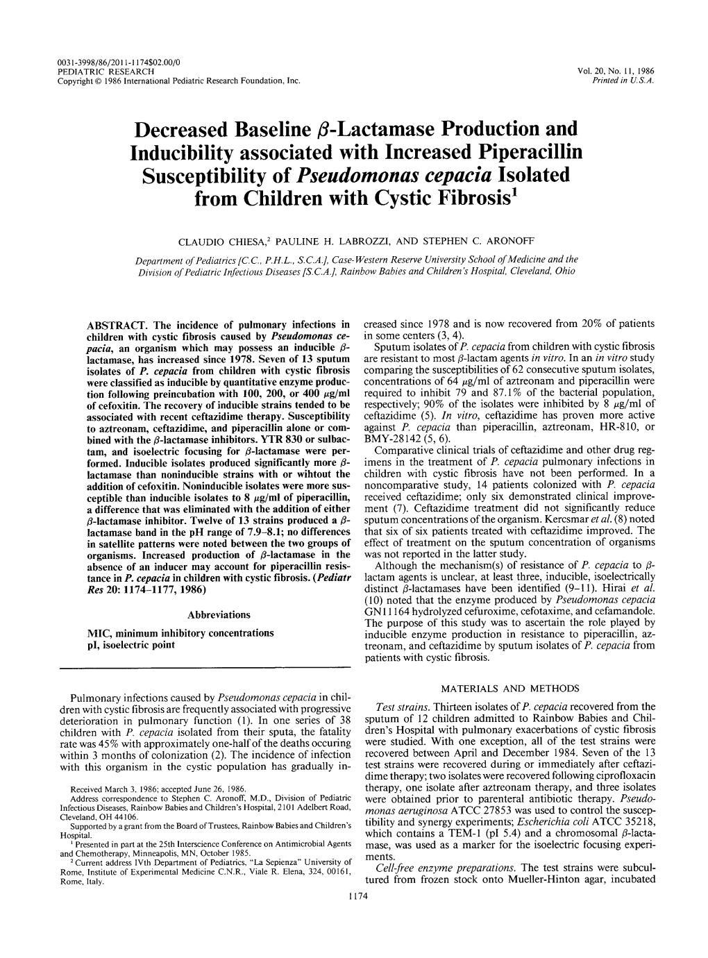 Susceptibility of Pseudomonas Cepacia Isolated from Children with Cystic Fibrosis1