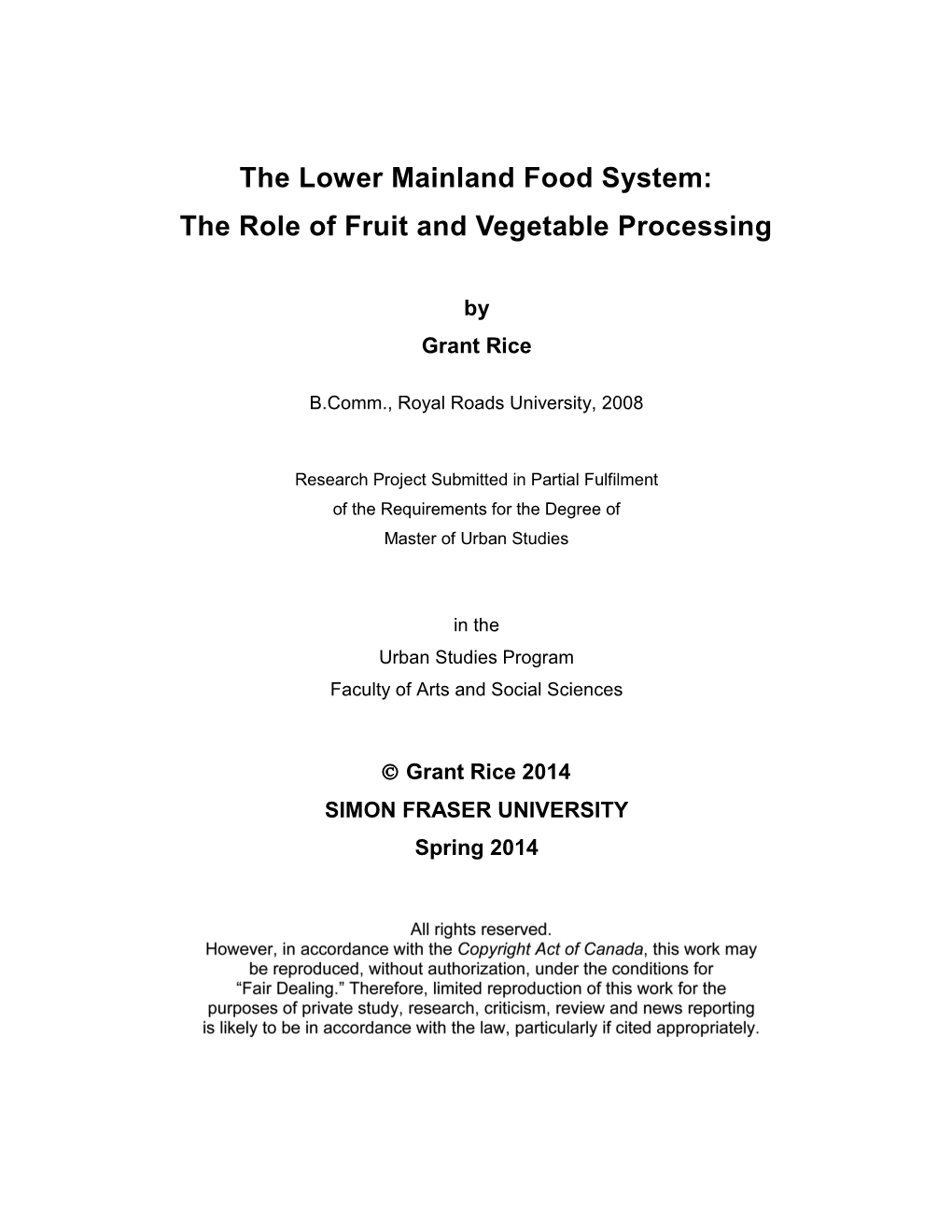 The Lower Mainland Food System: the Role of Fruit and Vegetable Processing