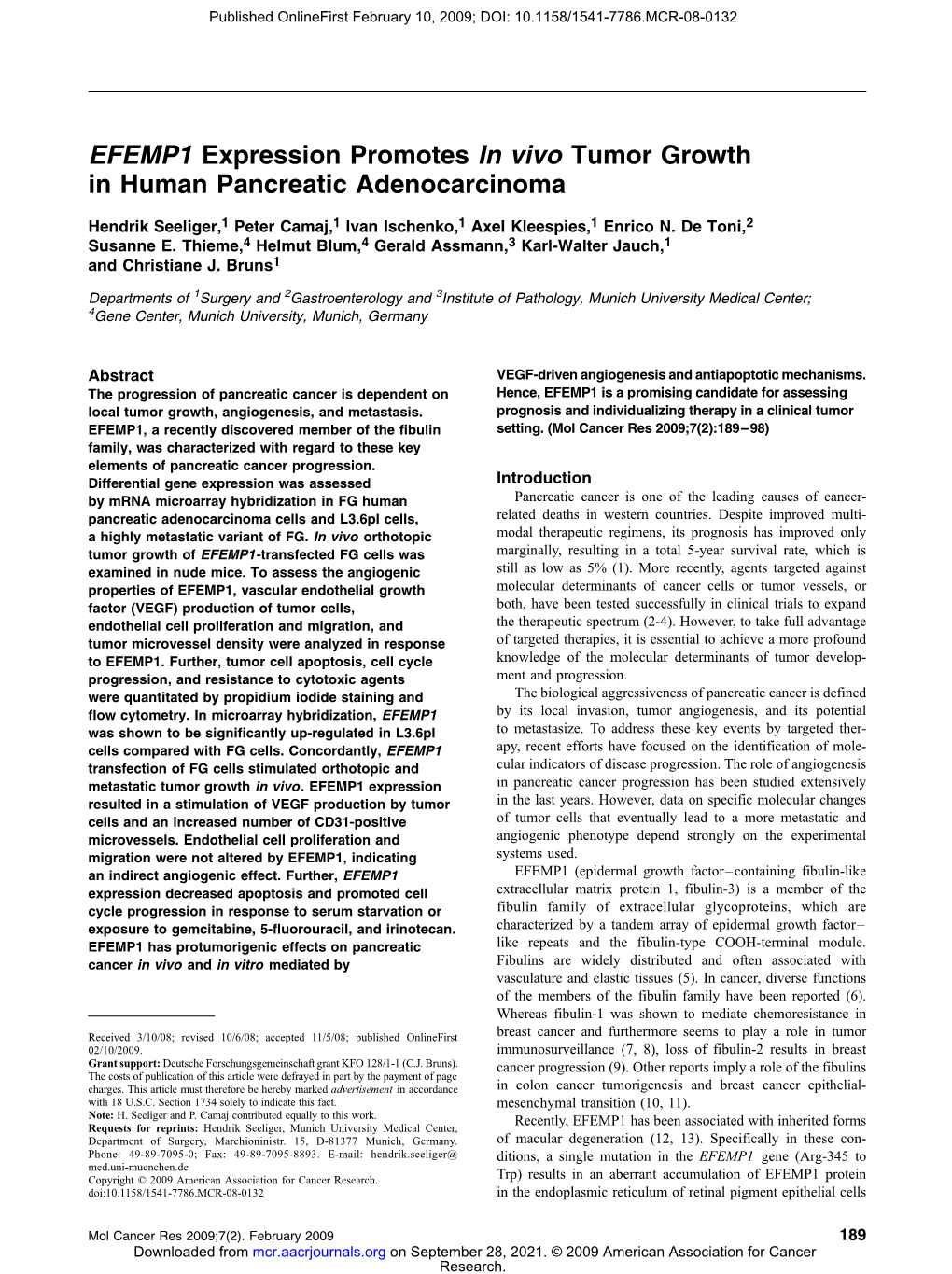 EFEMP1 Expression Promotes in Vivo Tumor Growth in Human Pancreatic Adenocarcinoma