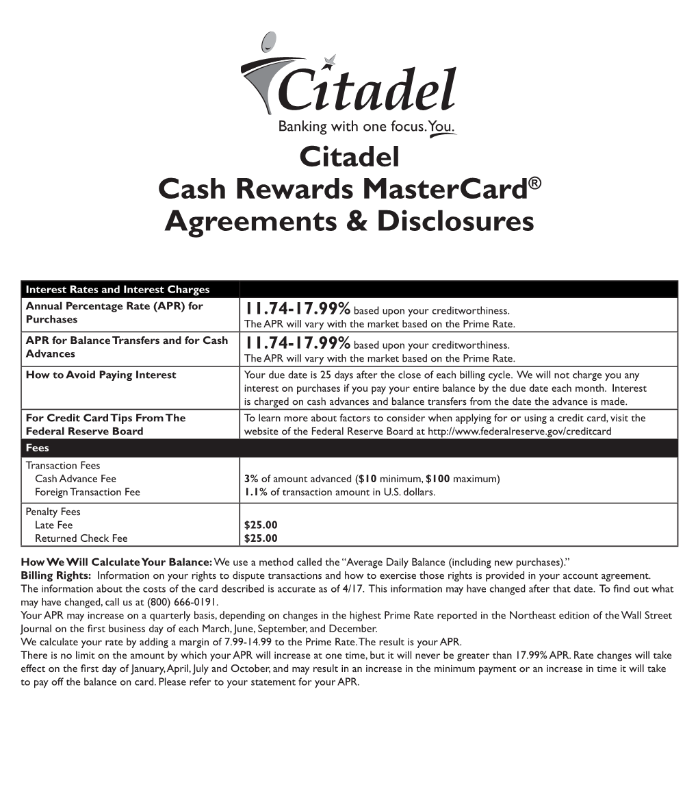Citadel Cash Rewards Mastercard® Agreements & Disclosures