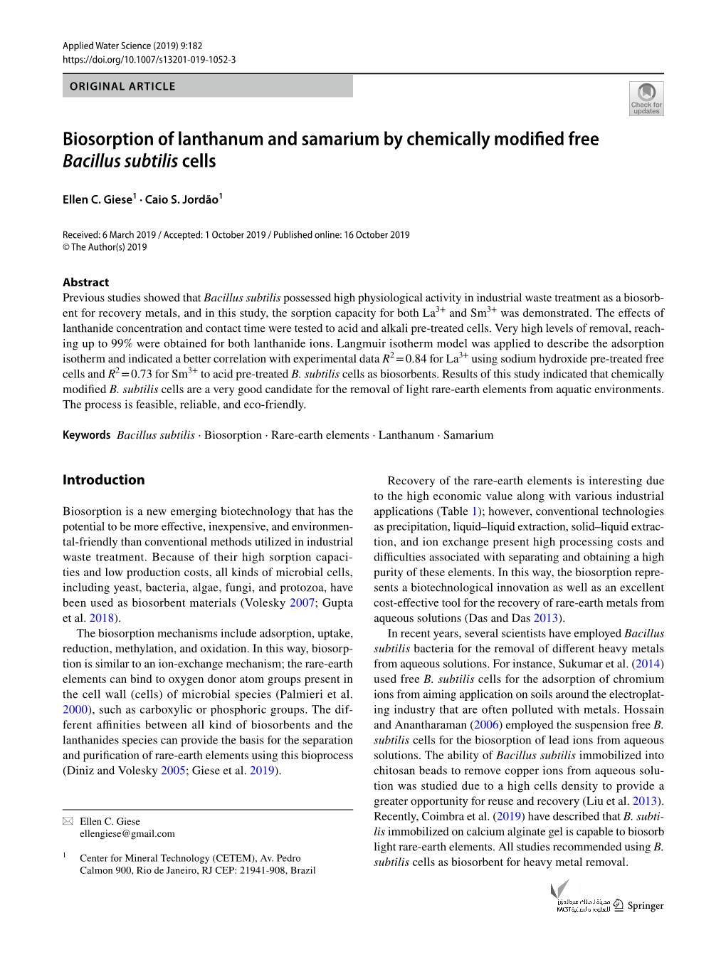 Biosorption of Lanthanum and Samarium by Chemically Modified