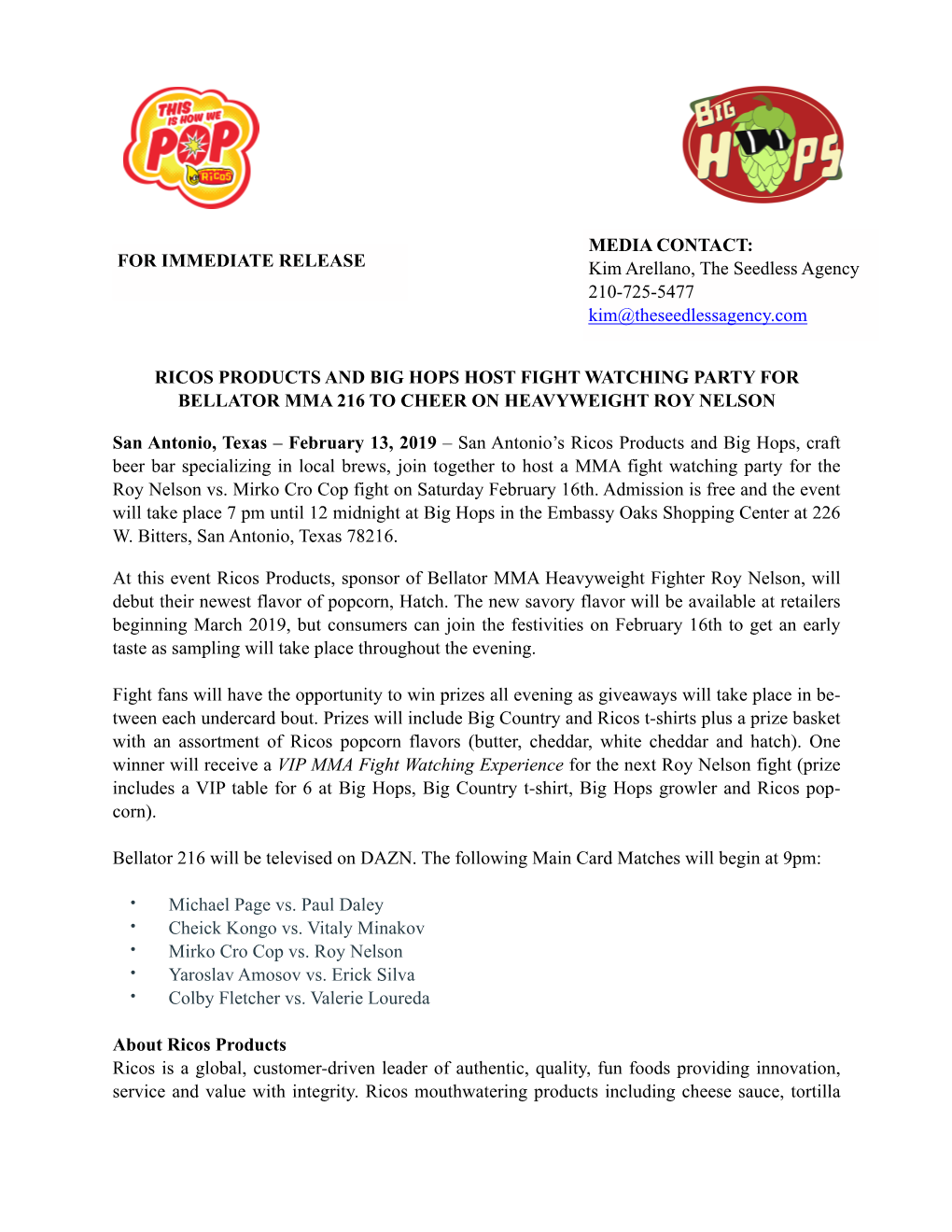 Ricos Roy Nelson Watch Party Press Release 2-13-19