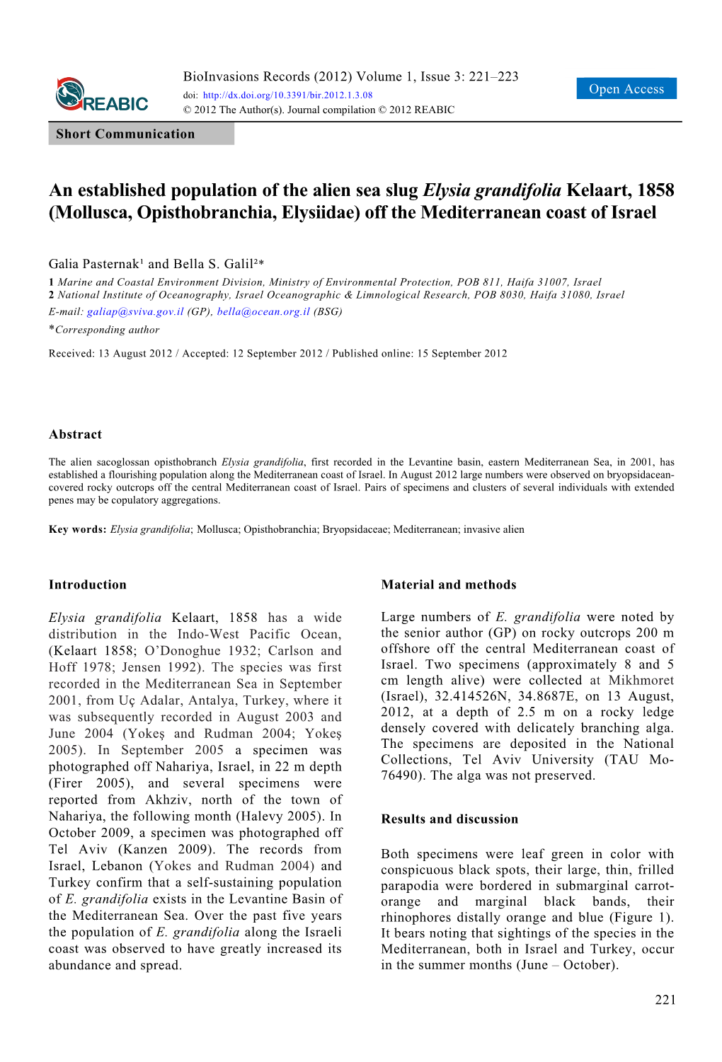 An Established Population of the Alien Sea Slug Elysia Grandifolia Kelaart, 1858 (Mollusca, Opisthobranchia, Elysiidae) Off the Mediterranean Coast of Israel