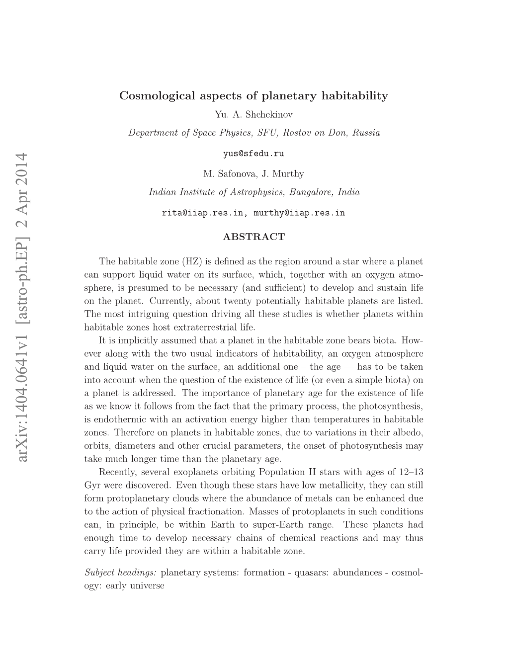 Cosmological Aspects of Planetary Habitability