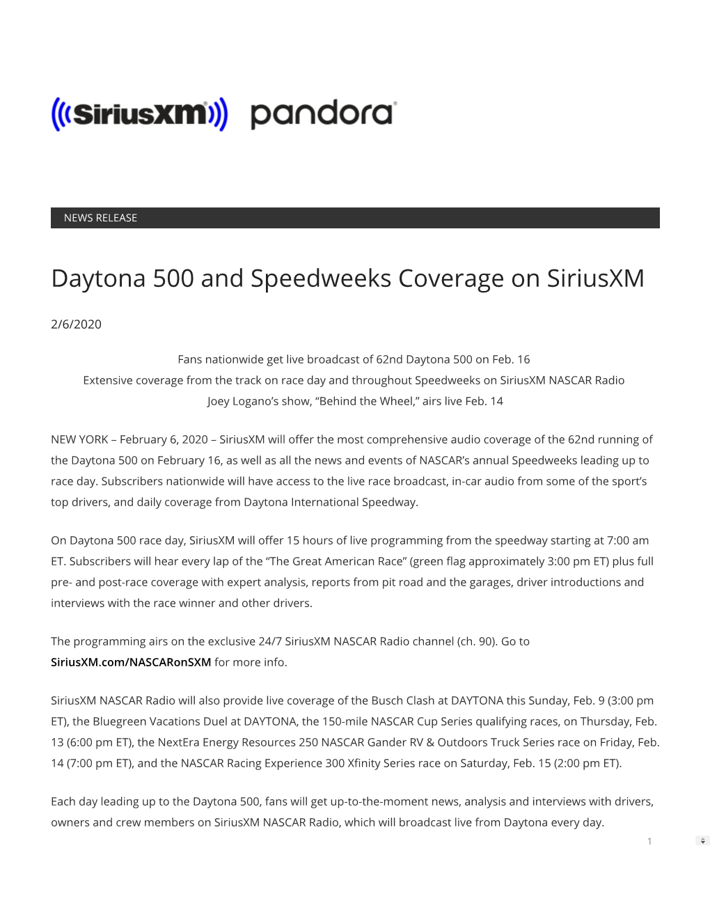 Daytona 500 and Speedweeks Coverage on Siriusxm