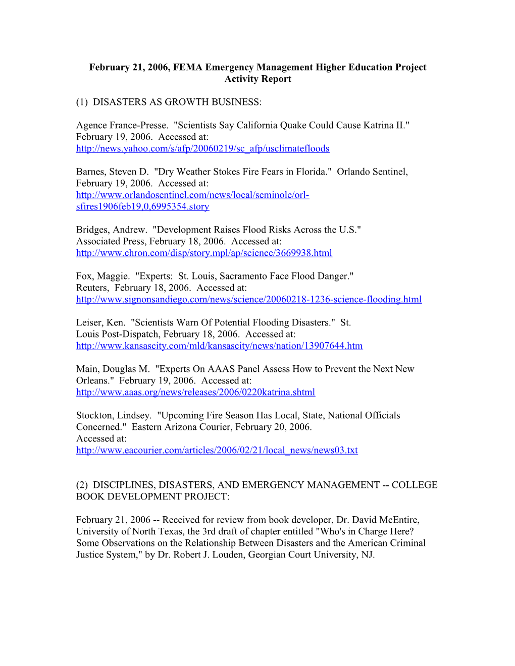 February 21, 2006, FEMA Emergency Management Higher Education Project Activity Report
