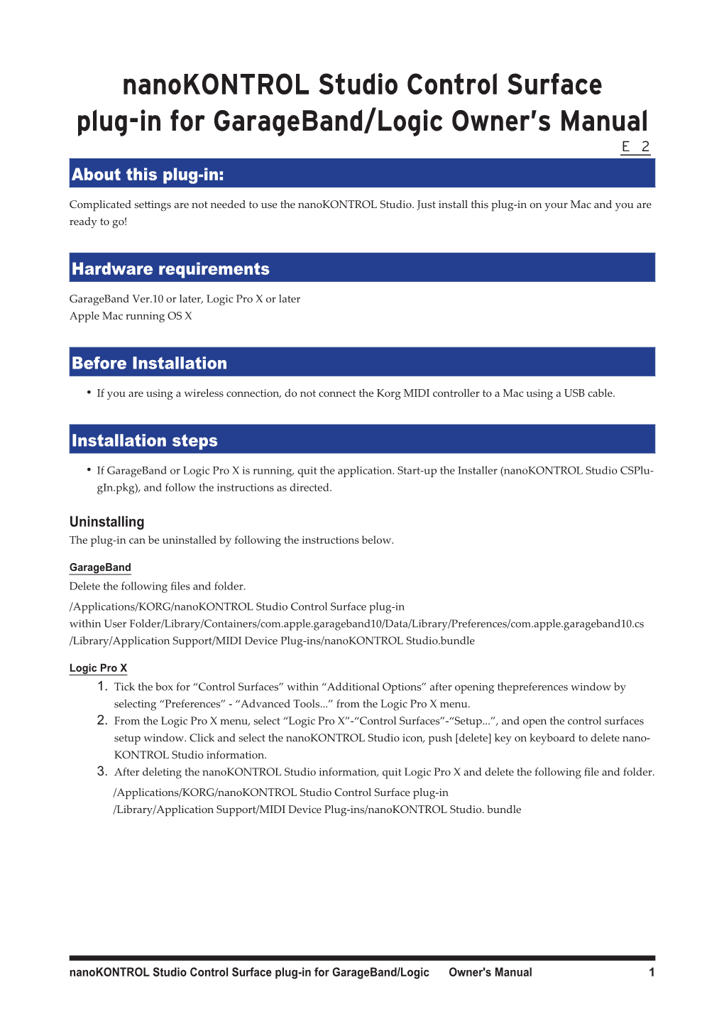 Nanokontrol Studio Control Surface Plug-In for Garageband/Logic Owner’S Manual E 2 About This Plug-In