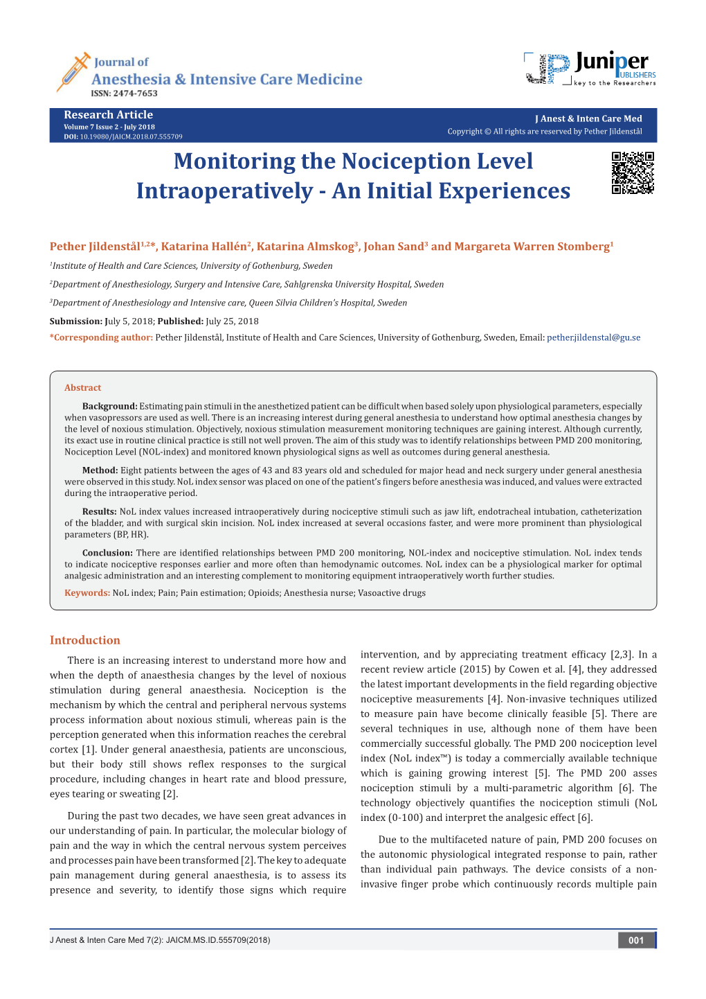 Monitoring the Nociception Level Intraoperatively - an Initial Experiences