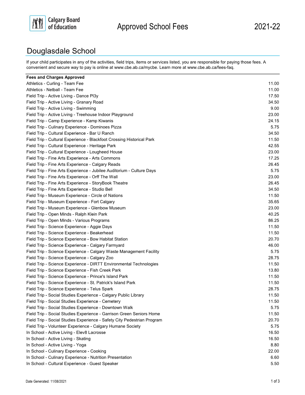 Approved School Fees 2021-22