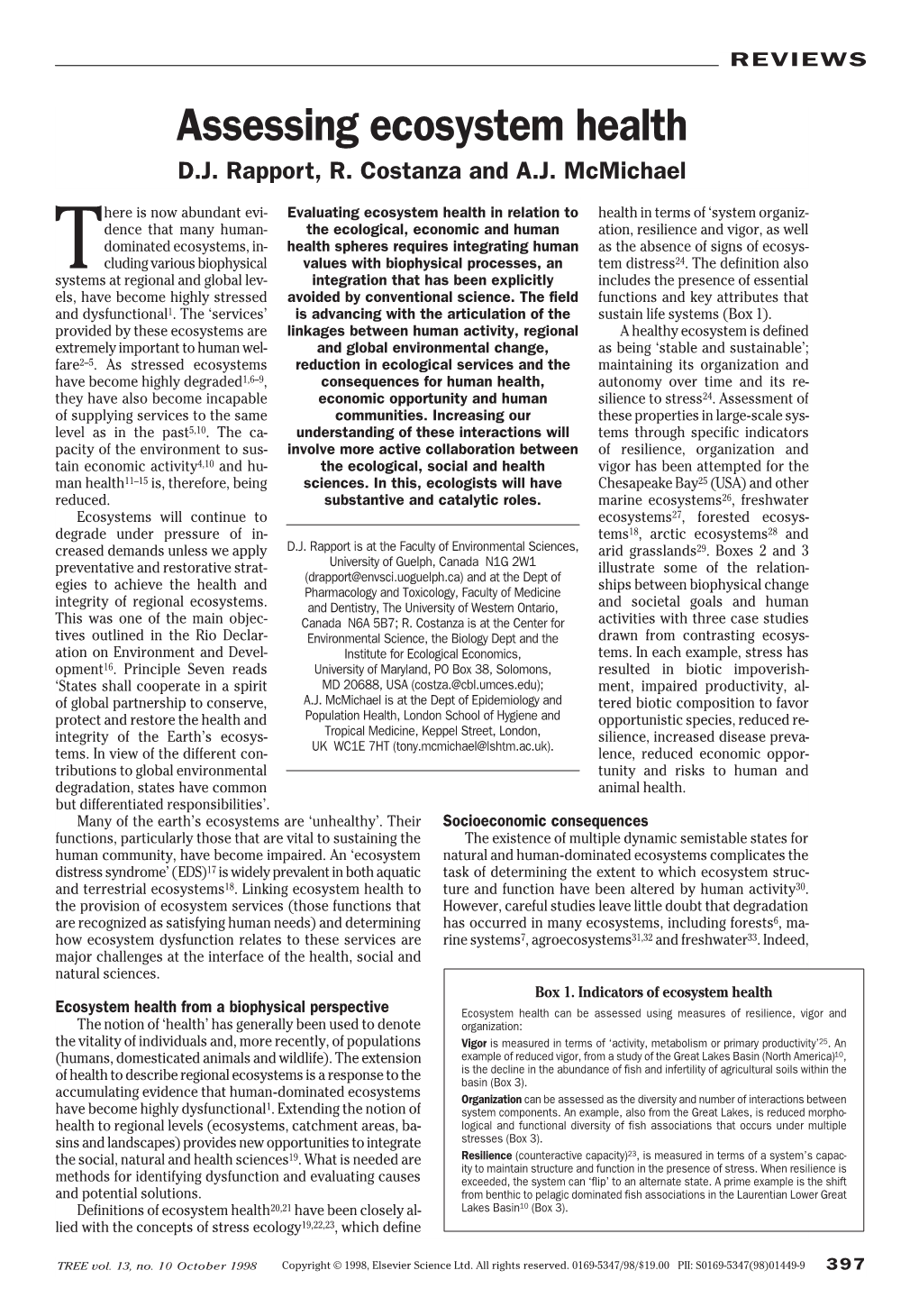 Assessing Ecosystem Health D.J