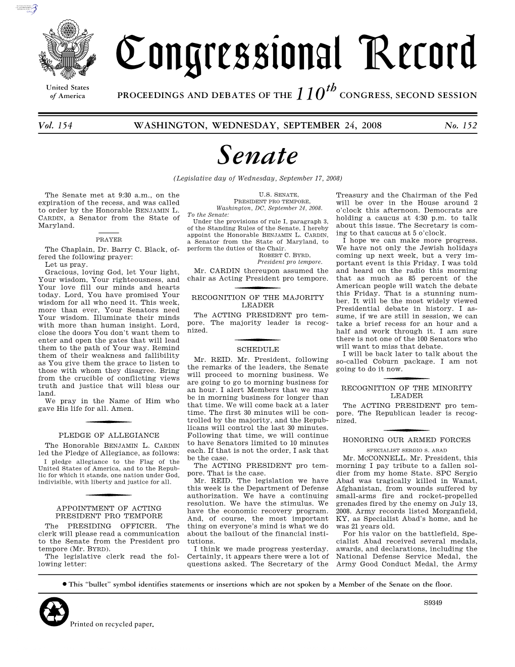 Congressional Record United States Th of America PROCEEDINGS and DEBATES of the 110 CONGRESS, SECOND SESSION