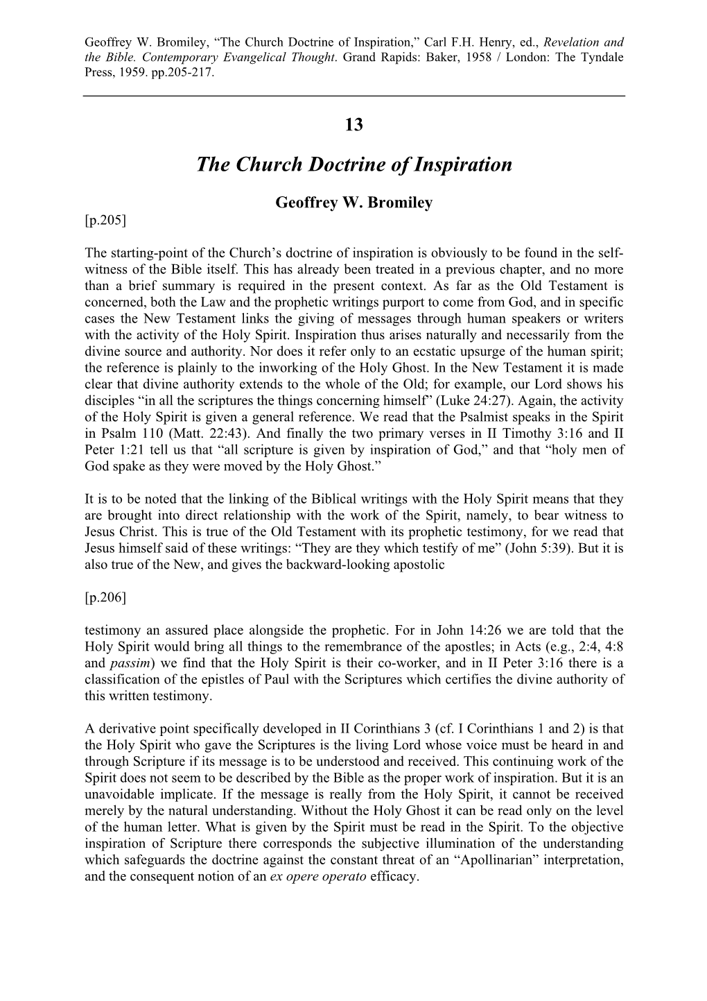 The Church Doctrine of Inspiration,” Carl F.H