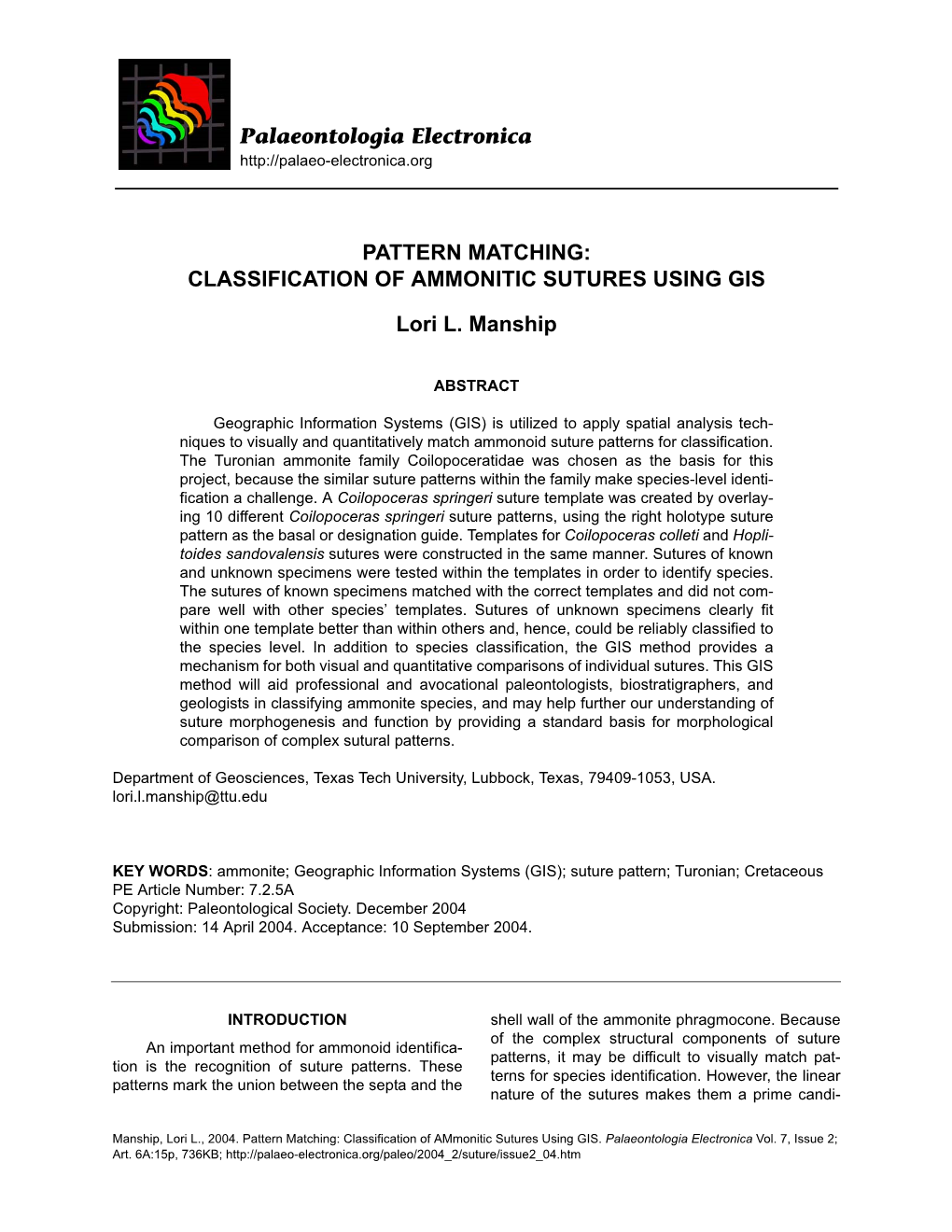 Classification of Ammonitic Sutures Using Gis