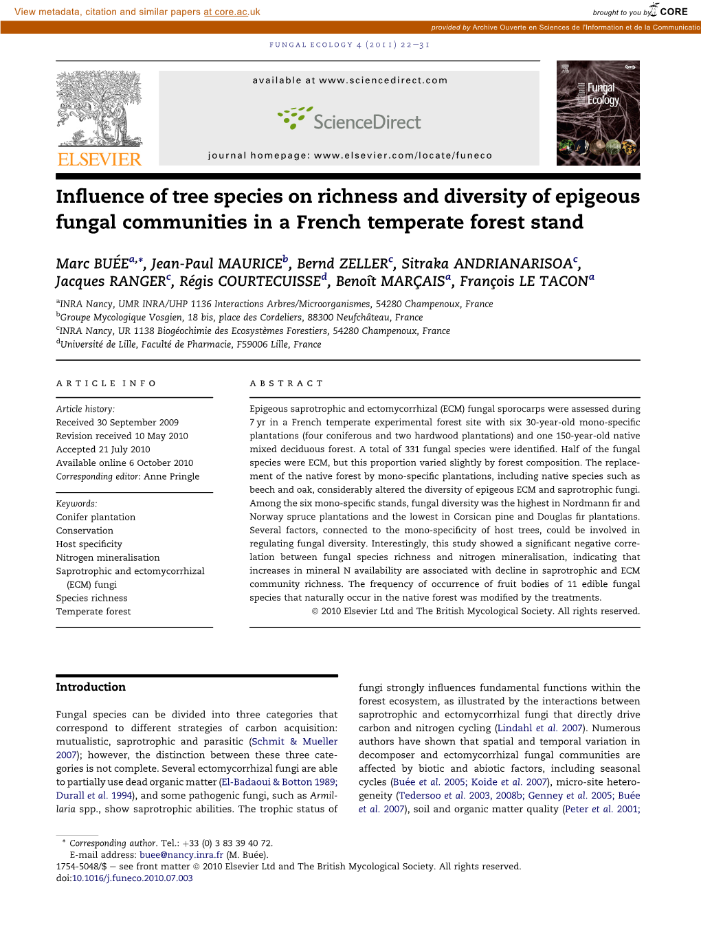 Influence of Tree Species on Richness and Diversity of Epigeous Fungal