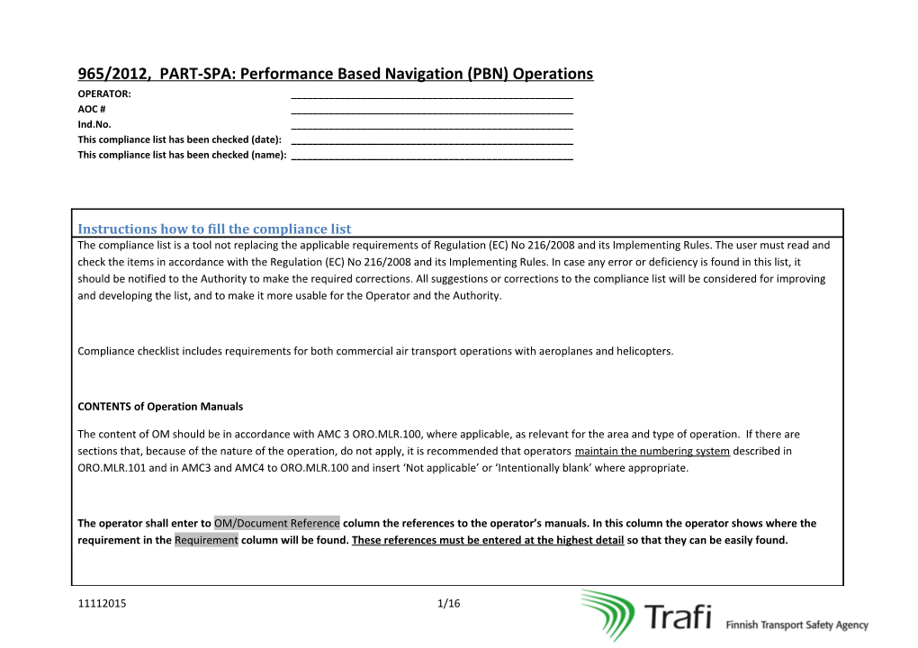 965/2012, PART-SPA: Performance Based Navigation (PBN) Operations