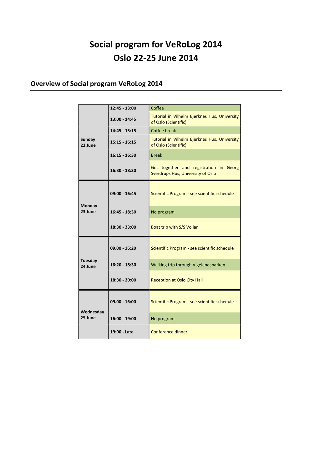 Social Program for Verolog 2014 Oslo 22-25 June 2014