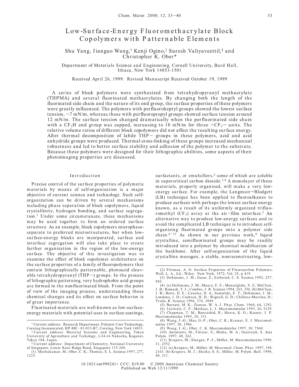 Low-Surface-Energy Fluoromethacrylate Block Copolymers with Patternable Elements