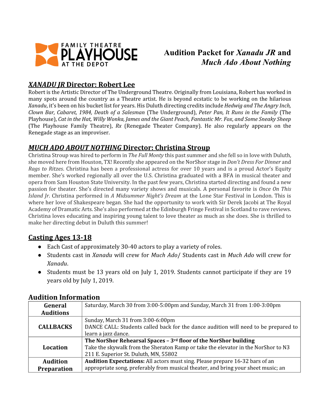 Audition Packet for Xanadu JR and Much Ado About Nothing