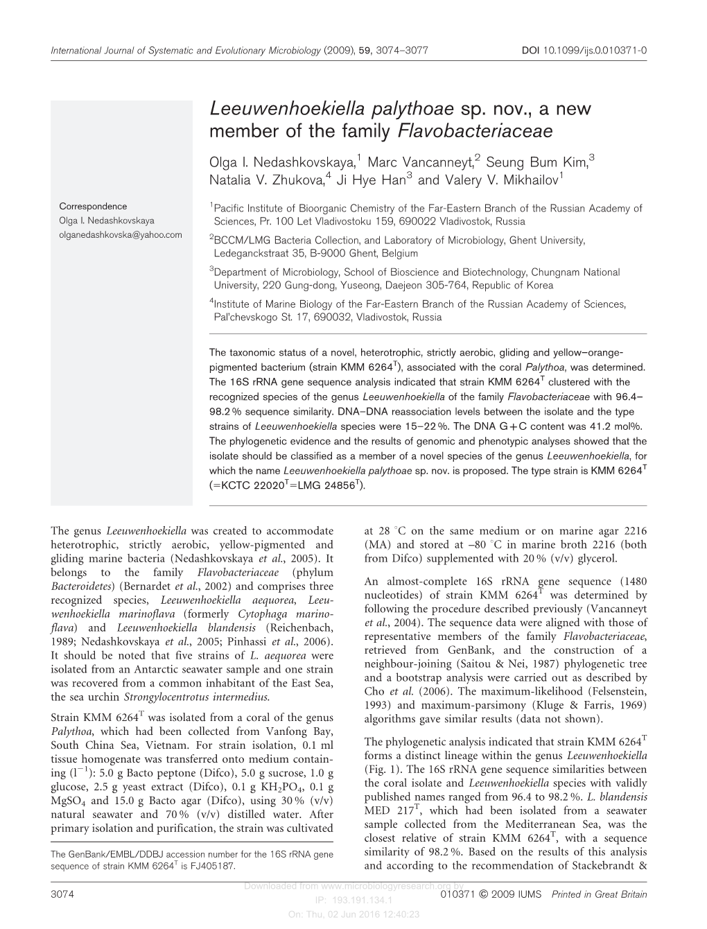 Leeuwenhoekiella Palythoae Sp. Nov., a New Member of the Family Flavobacteriaceae