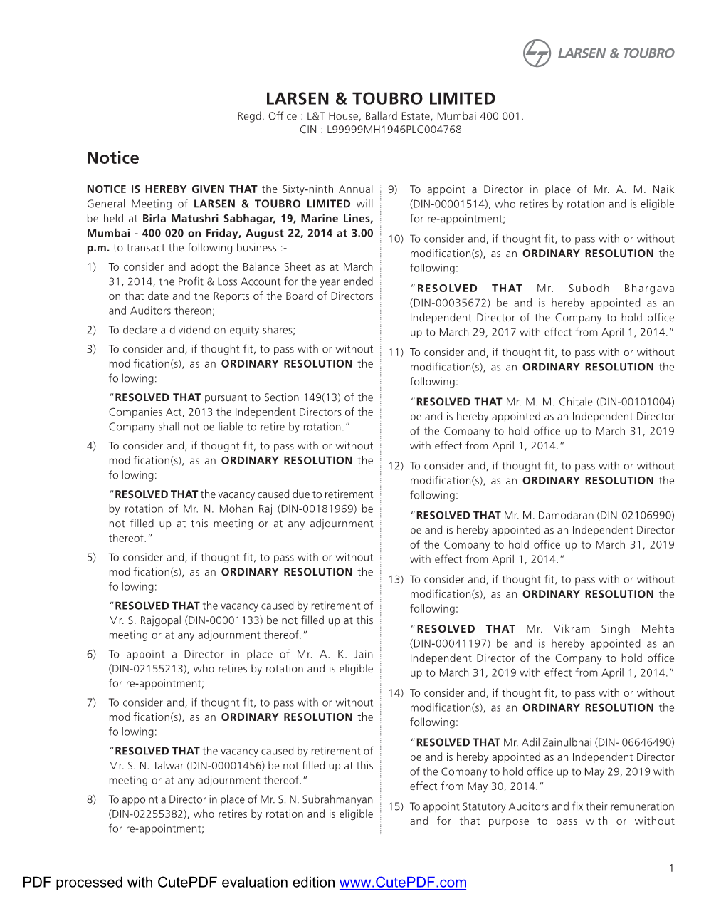 Notice LARSEN & TOUBRO LIMITED