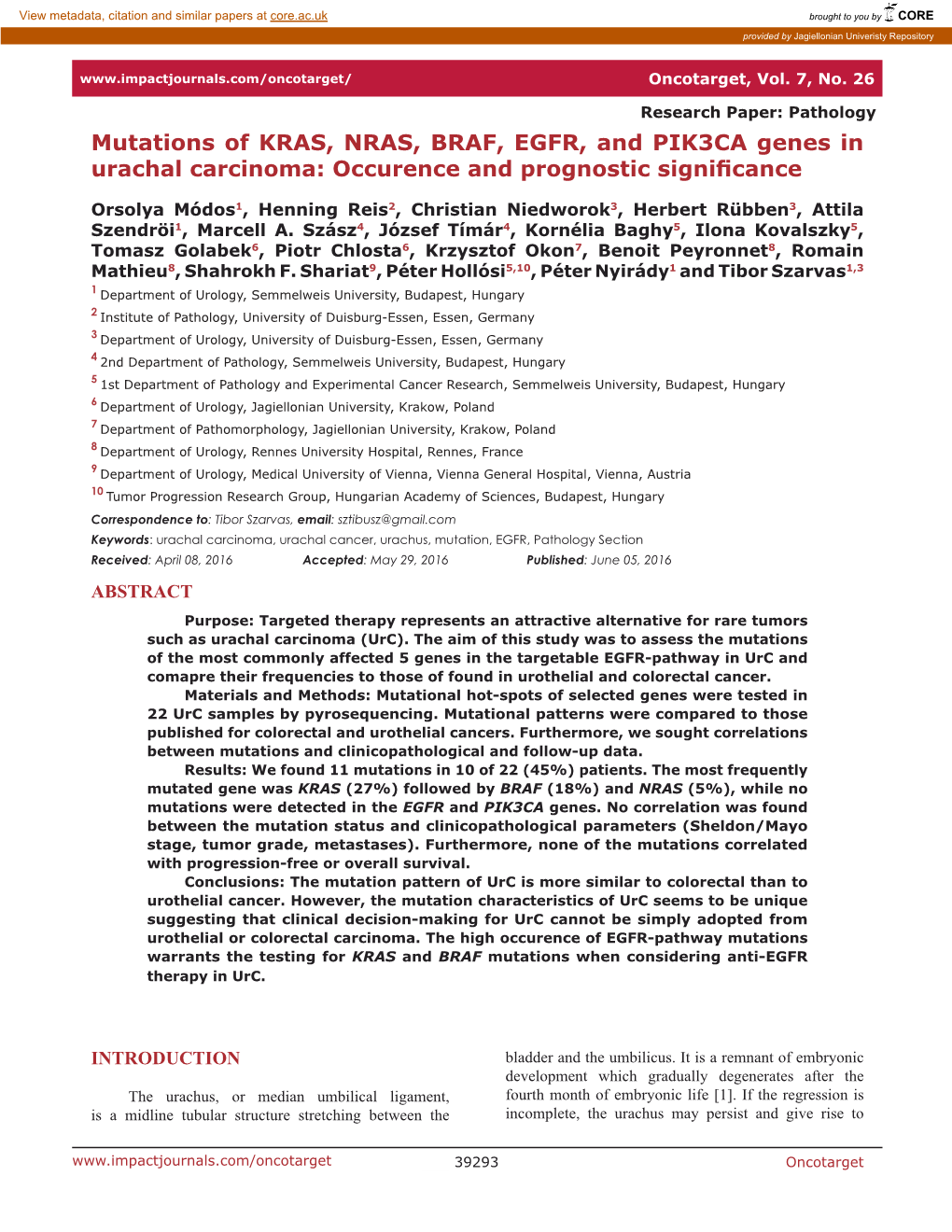 Mutations of KRAS, NRAS, BRAF, EGFR, and PIK3CA Genes in Urachal Carcinoma: Occurence and Prognostic Significance