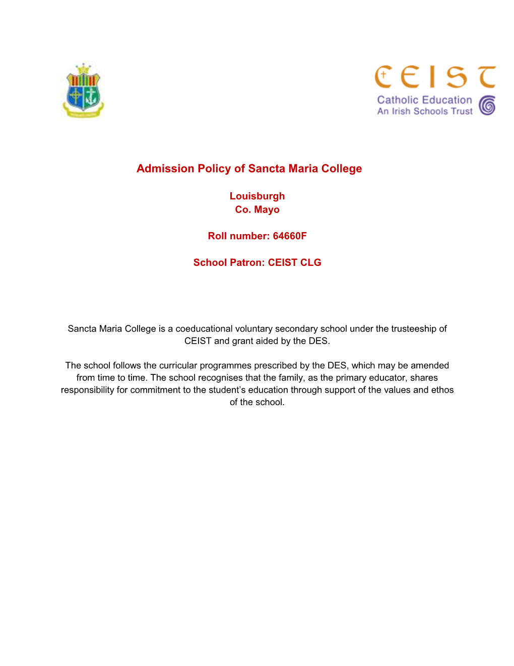 Admission Policy of Sancta Maria College