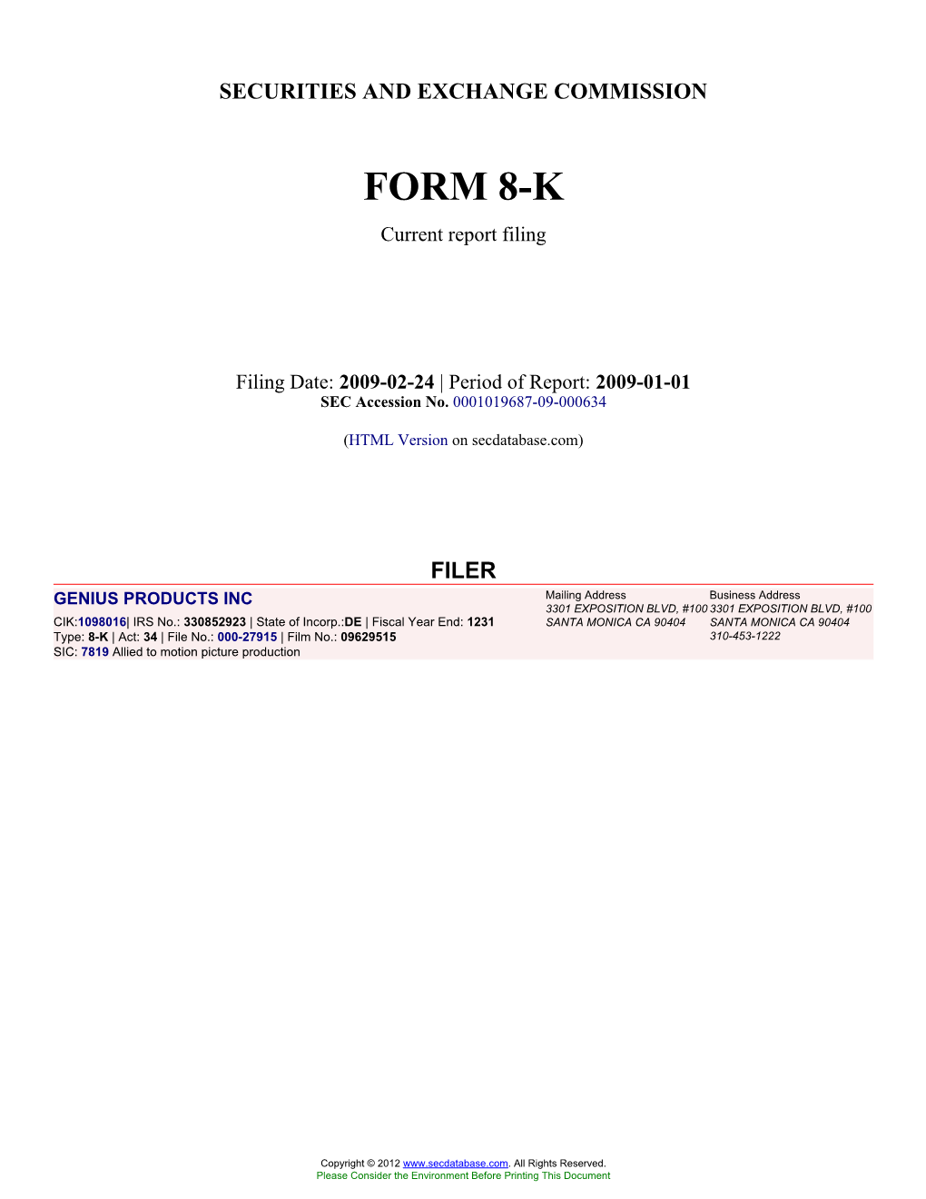 GENIUS PRODUCTS INC (Form: 8-K, Filing Date