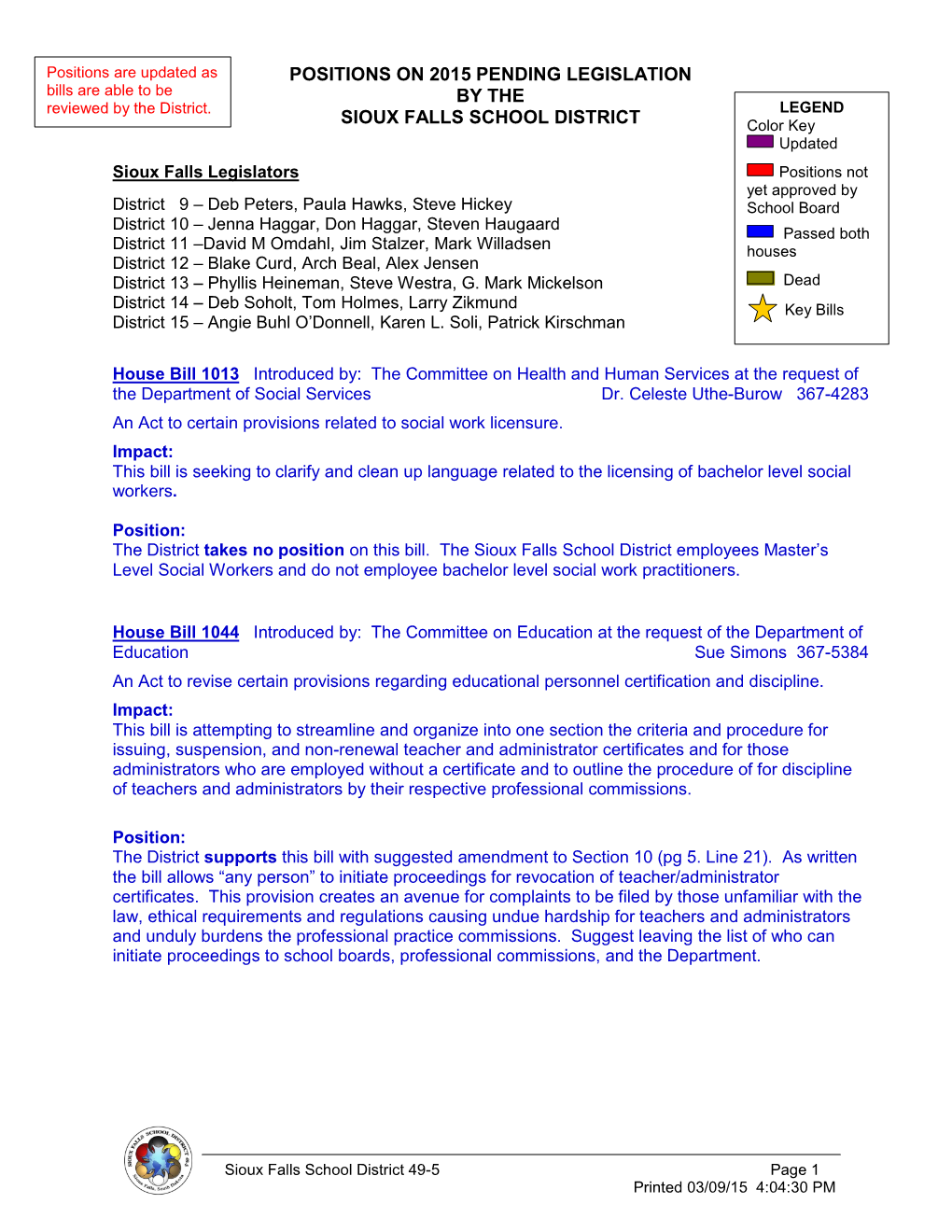 2015 Legislative Update 3-9-2015