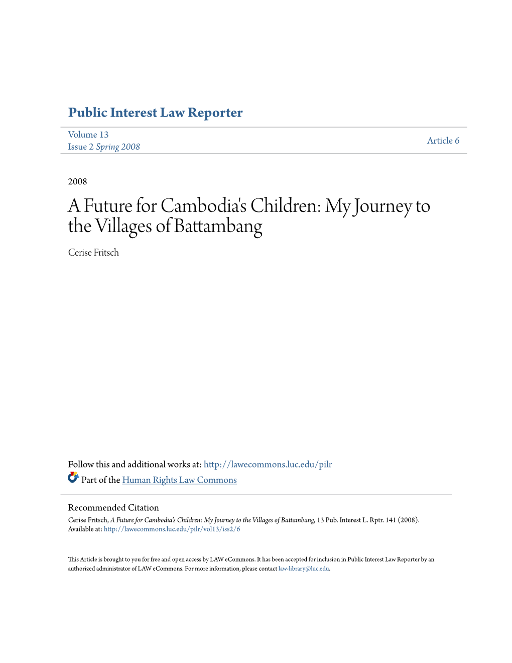 A Future for Cambodia's Children: My Journey to the Villages of Battambang Cerise Fritsch