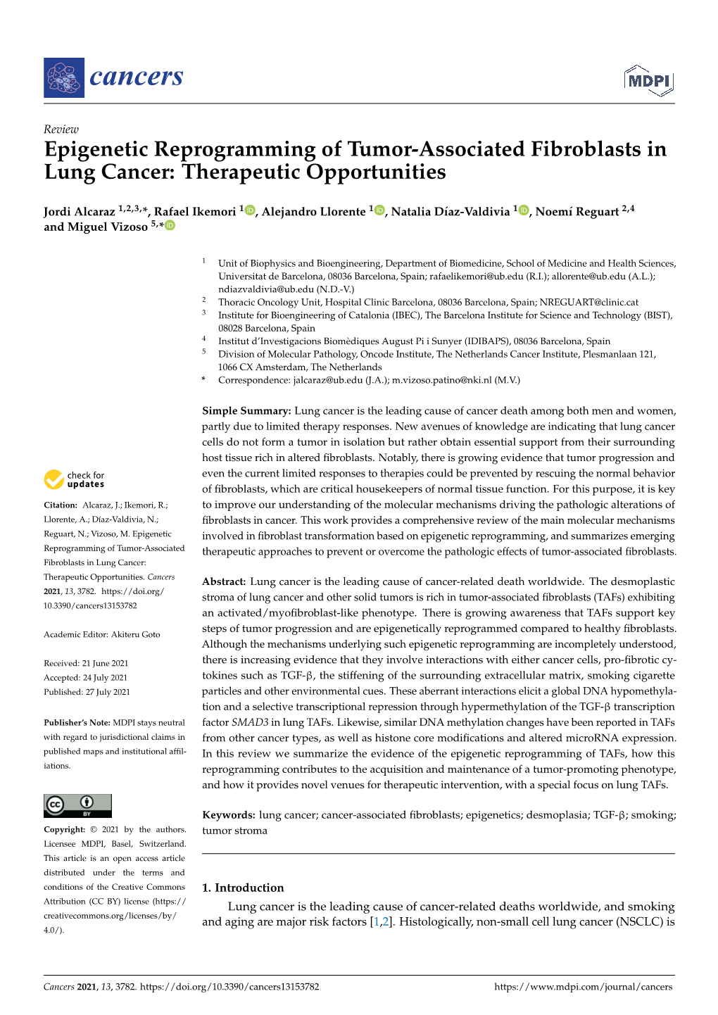 Epigenetic Reprogramming of Tumor-Associated Fibroblasts in Lung Cancer: Therapeutic Opportunities