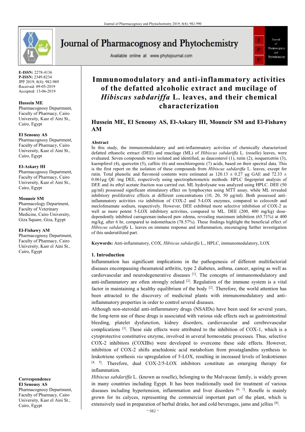 Immunomodulatory and Anti-Inflammatory Activities of the CH3-18), 0.92 (3H, D, J = 6.5, CH3-27), 1.01 (3H, S, CH3-19), Defatted Ethanolic Extract of H