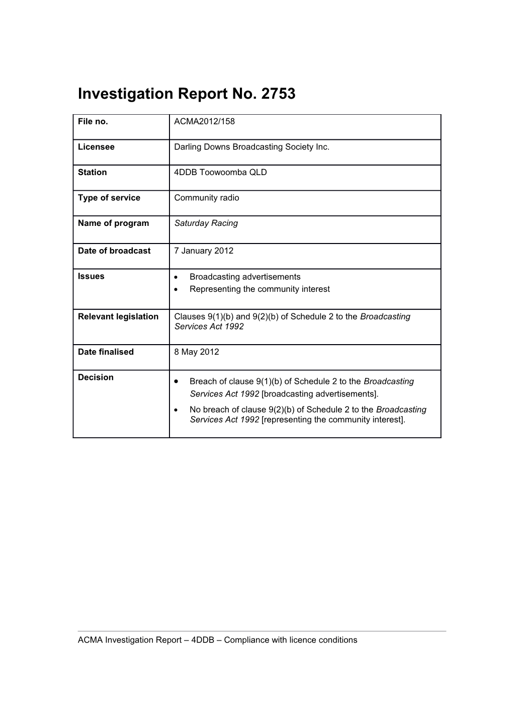 4DDB - ACMA Investigation Report 2753