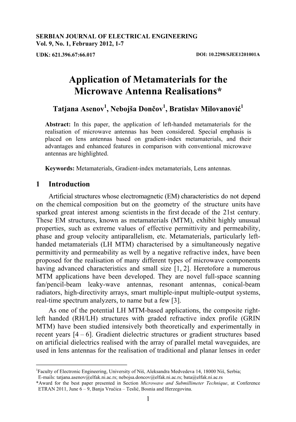 Application of Metamaterials for the Microwave Antenna Realisations*