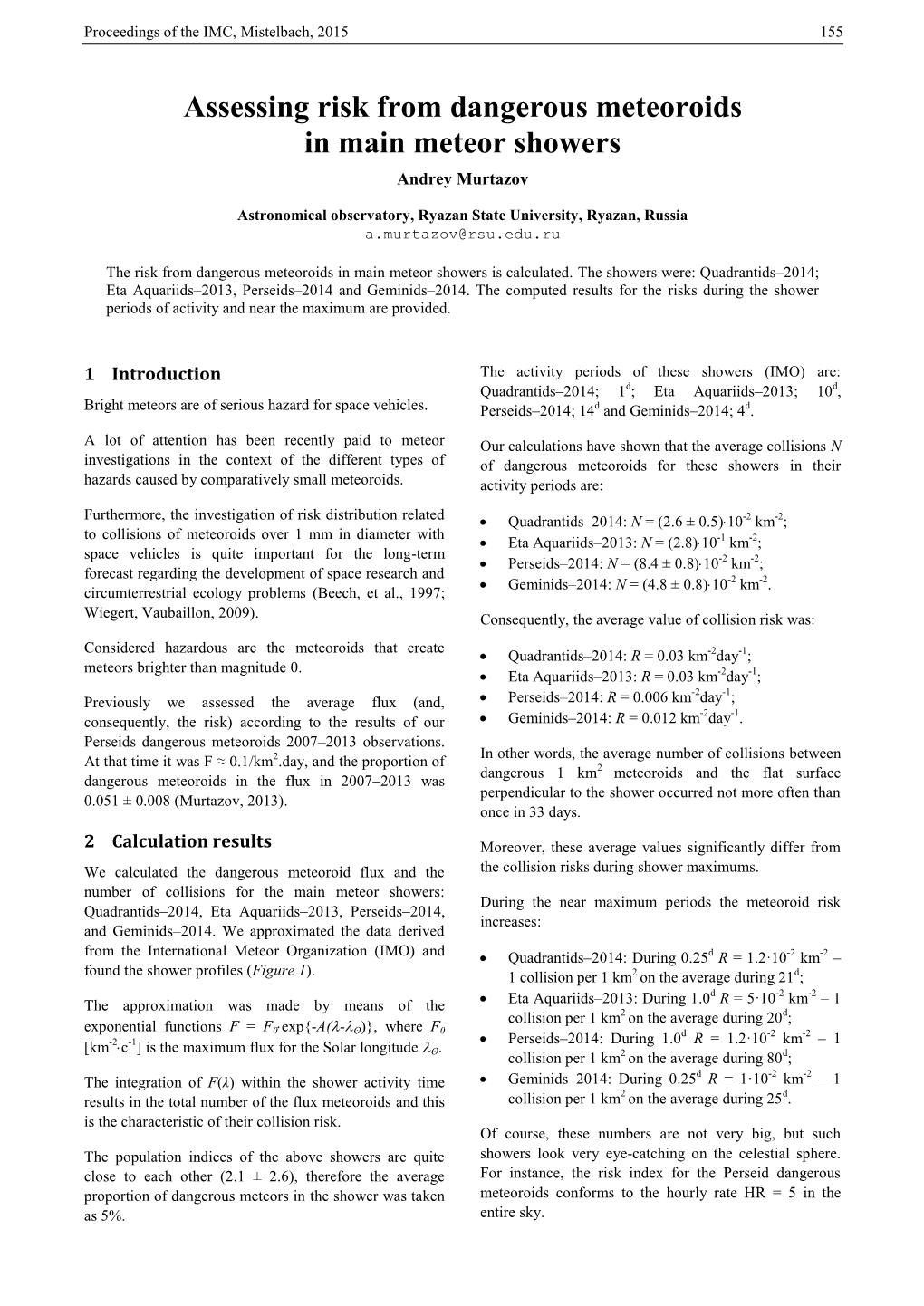 Assessing Risk from Dangerous Meteoroids in Main Meteor Showers Andrey Murtazov