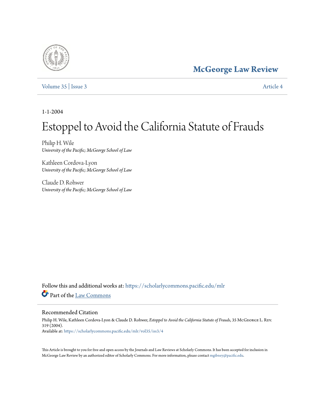 Estoppel to Avoid the California Statute of Frauds Philip H
